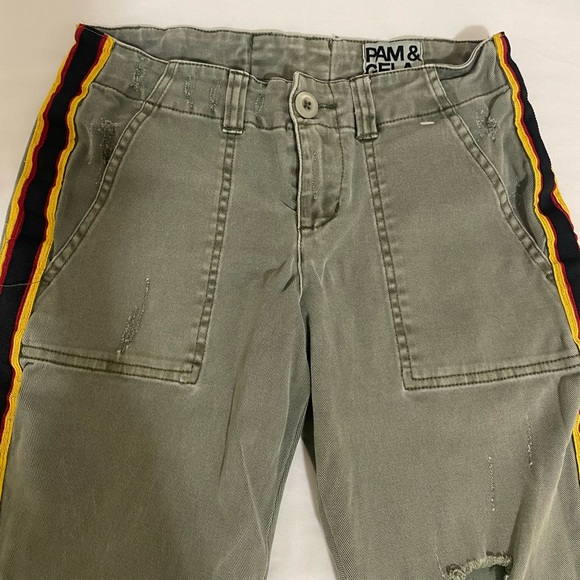 PAM AND GELA Army Green Striped Side Distress Pants Womens Size 24 - Picture 2 of 8